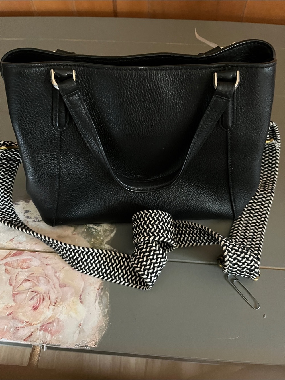 kate spade Black Pebbled Leather Shoulder Bag with Black-and-White Woven Strap - Picture 11 of 16